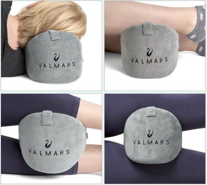 A collage of grey Valmars pillow under a woman's head, under a calf, between calves, and between tighs