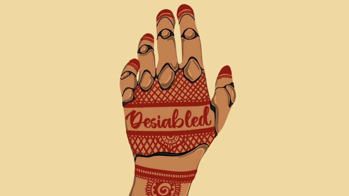 Desiabled logo - hand of a brown person with henna spelling of the word desiabled