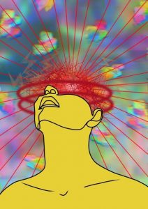 person with a rays of pain radiating out of their head on a caleidoscope background