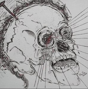 Drawing of a skull with a nail in it