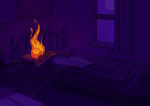 Person lying down in bed with their head in a flame of fire